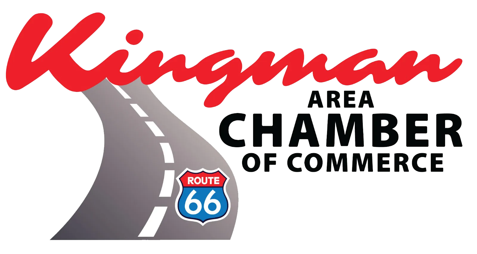 Logo for Kingman Area Chamber of Commerce, featuring stylized road with Route 66 sign and bold red and black text.