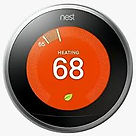 A Nest smart thermostat displays the temperature set to 68 degrees Fahrenheit with a red background indicating heating mode.