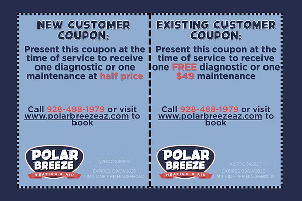 Two Polar Breeze Heating & Air coupons: one for new customers offering half-price service, and one for existing customers offering free diagnostic or $49 maintenance.